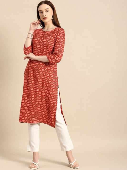 All About You Women Brown Geometric Printed Regular Kurta