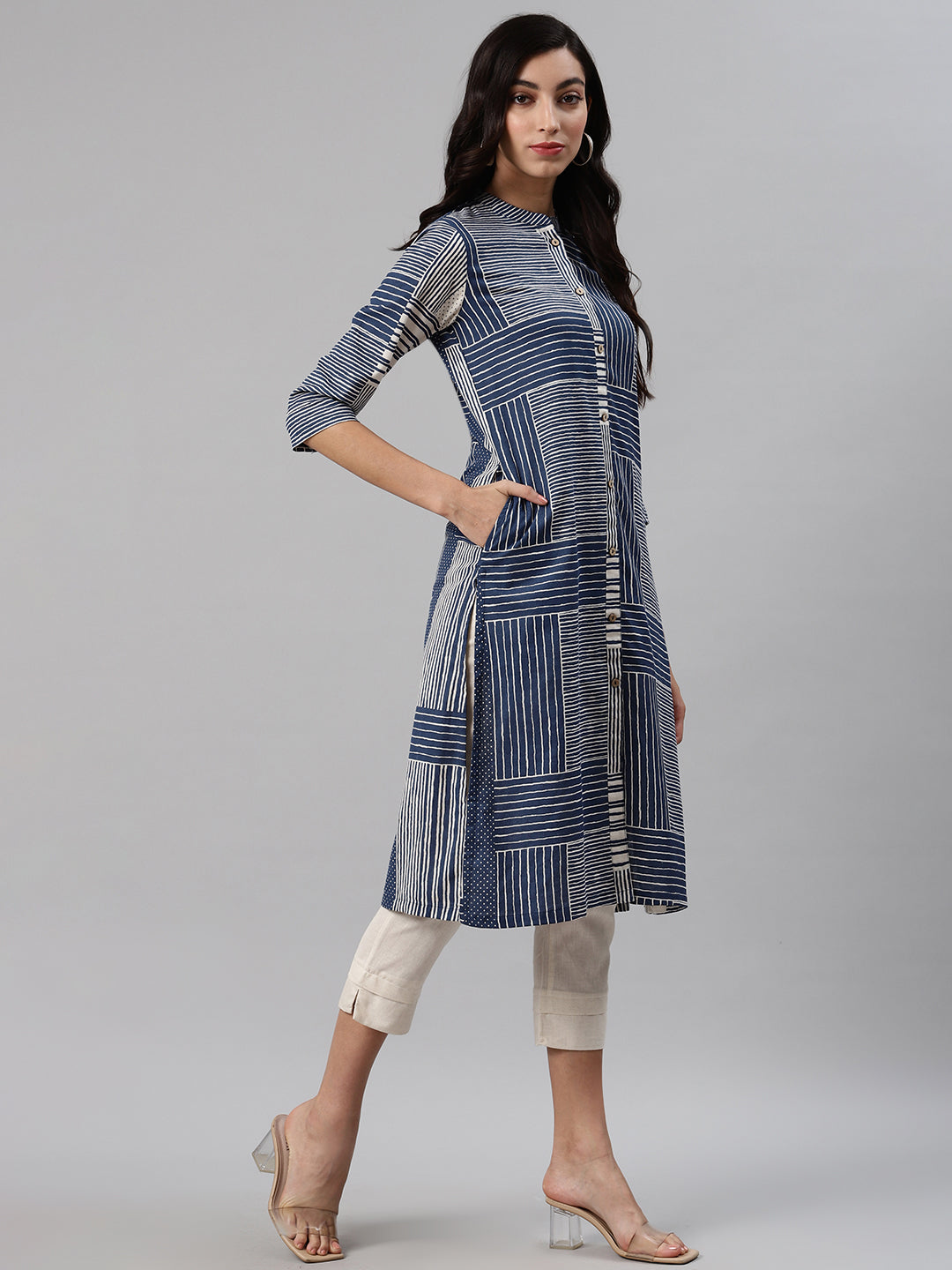 Biba Women Navy Blue & White Striped Kurta with Trousers - Grab2buy