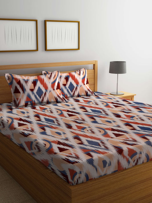 BOMBAY DYEING Marigold Brown Geometric Cotton 104 TC King Bedsheet & 2 Pillow Covers | Grab2Buy