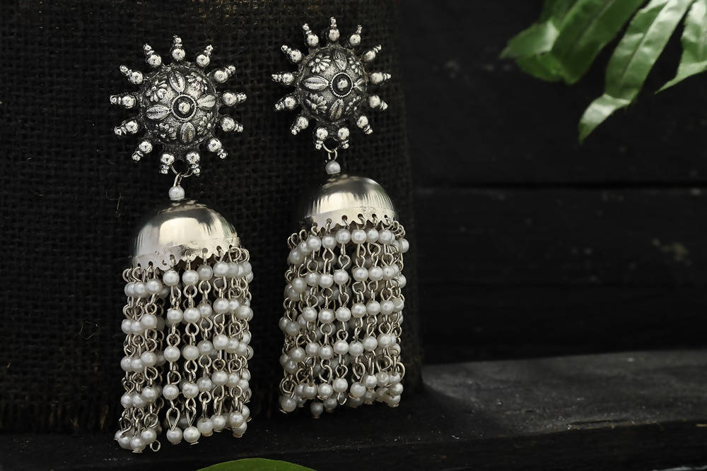Mominos Fashion Johar Kamal Silver-Plated Earrings With Pearls Jhumkas - Grab2buy