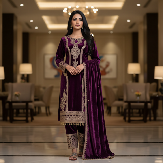 Teeya Creation Purple Color Velvet Fabric Designer Embroidery Work Suit