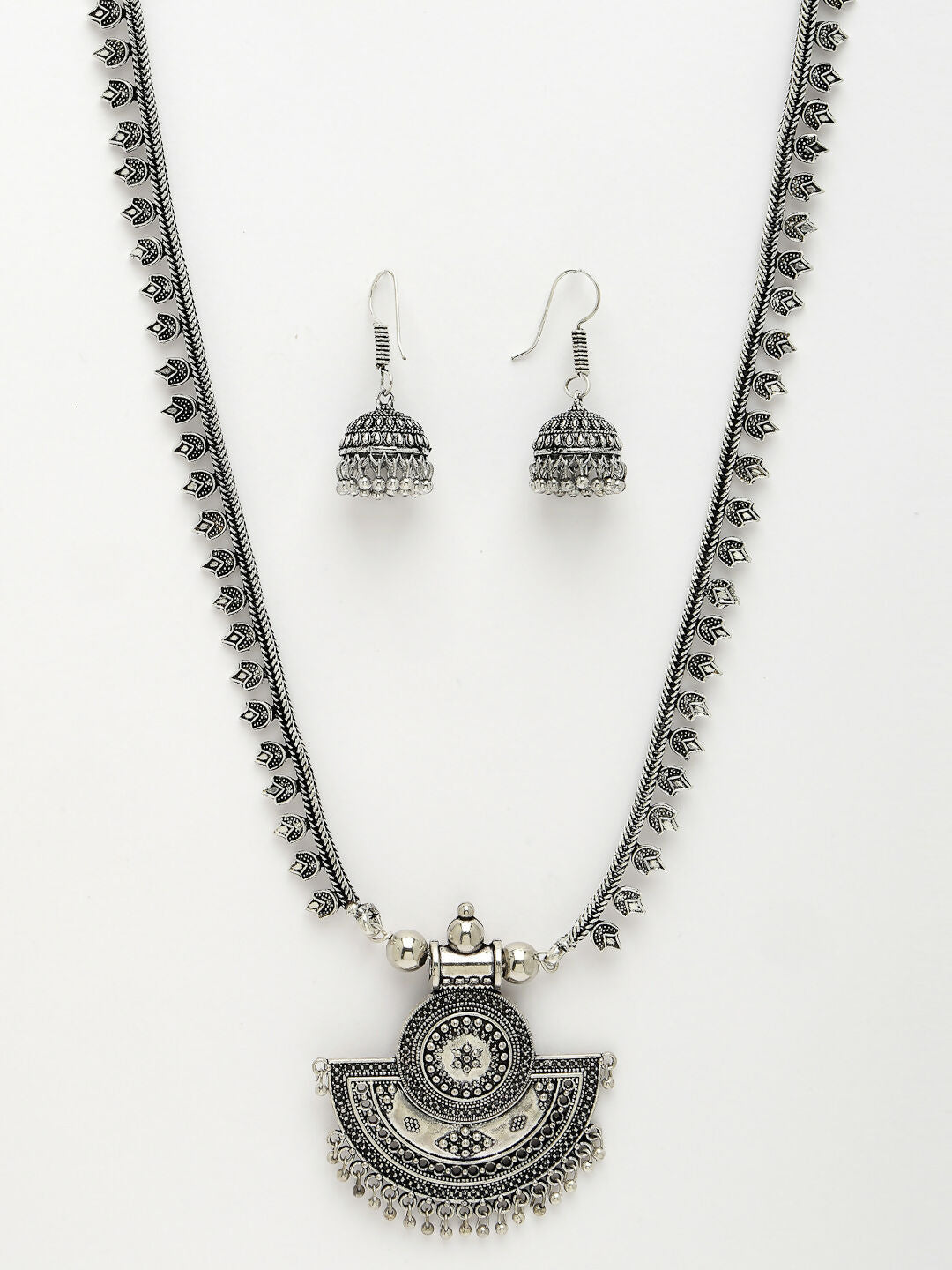 NVR Women's Silver-Toned German Silver Oxidised Necklace with Jhumka Earrings - Grab2buy