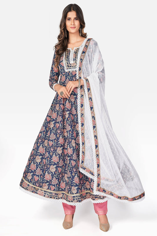 NOZ2TOZ Women Blue Anarkali Kurta With Pant & Dupatta (3pcs set)
