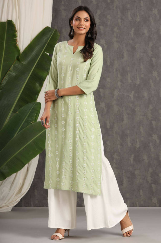 Juniper Women Lightolive Rayon Embroidered Straight Kurta