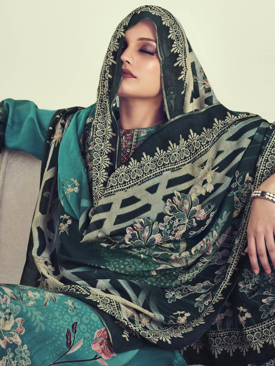 Aastha Fashion Women's Teal Muslin Floral Digital Print with Resham Thread work Kurta with Trouser & Dupatta - Grab2buy