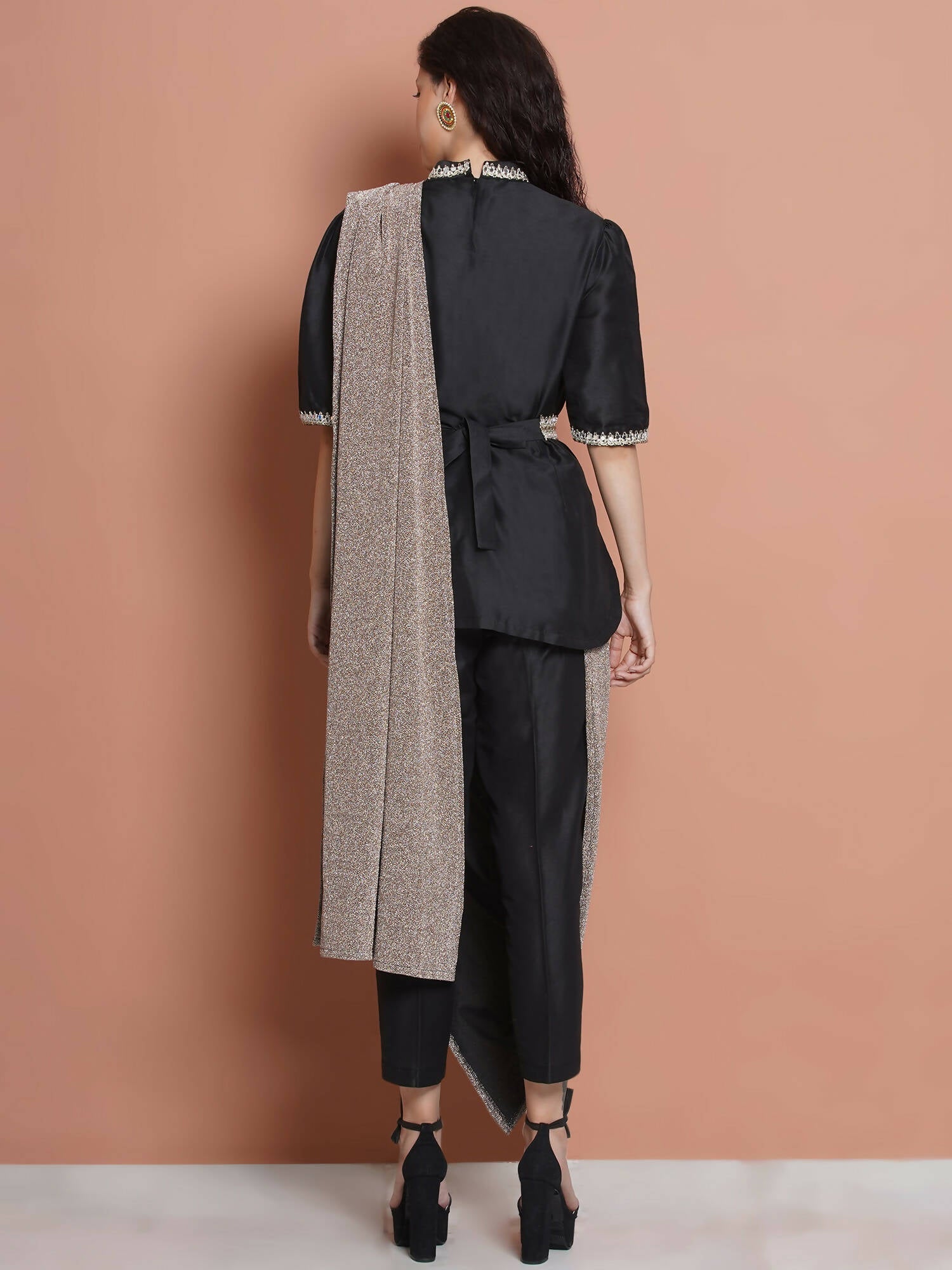 Women Republic Black Cotton Blended Set with Attached Drape - Grab2buy