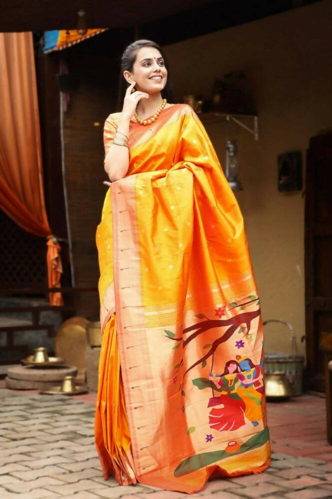 Very Much Indian Authentic Handloom, Beautiful Orange Yellow, Pure Silk Muniya Border Paithani With Radha Krishna Pallu(High Quality Silk) - Grab2buy