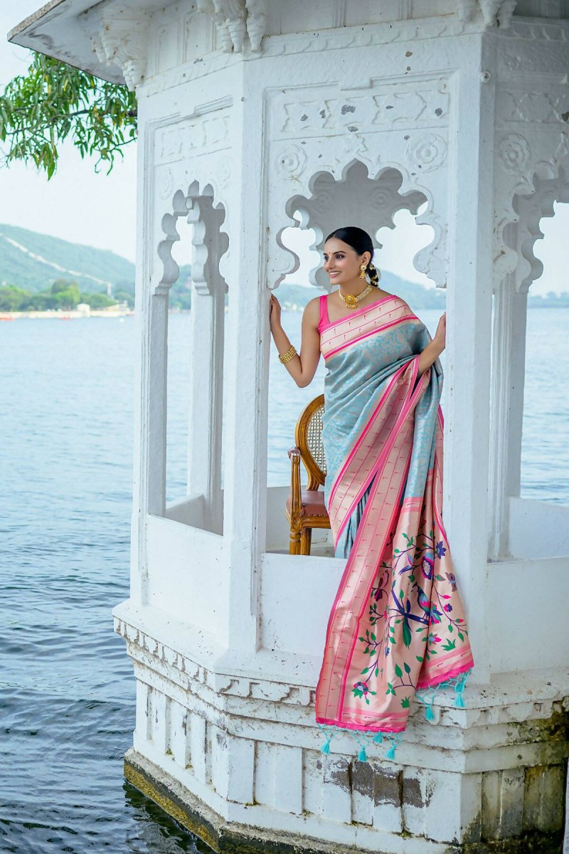 Aastha Fashion Turquoise Woven Kanjivaram Silk Saree with Blouse - Grab2buy