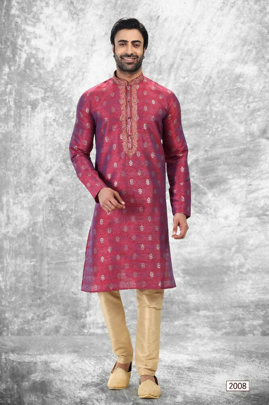Raivat Ethnic Jacquard Silk Brocade Thread Work Kurta Pajama In Magenta Pink Colour