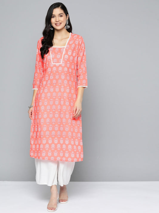 HERE&NOW Pure Cotton Floral Printed Straight Kurta