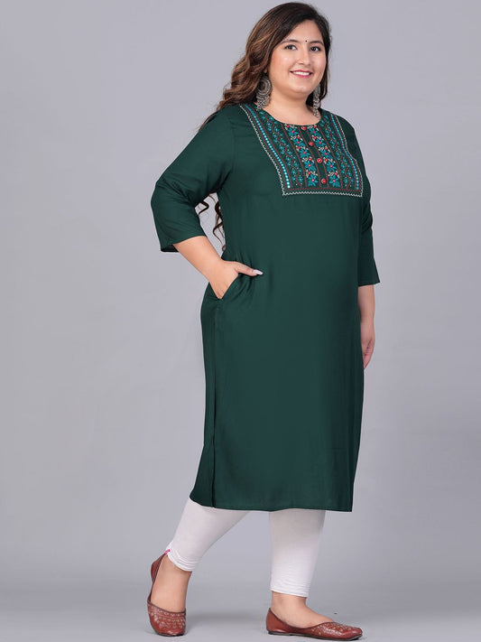 Sztori Plus Size Embroidered Yoke Design Round Neck Three-Quarter Sleeves Straight Kurta