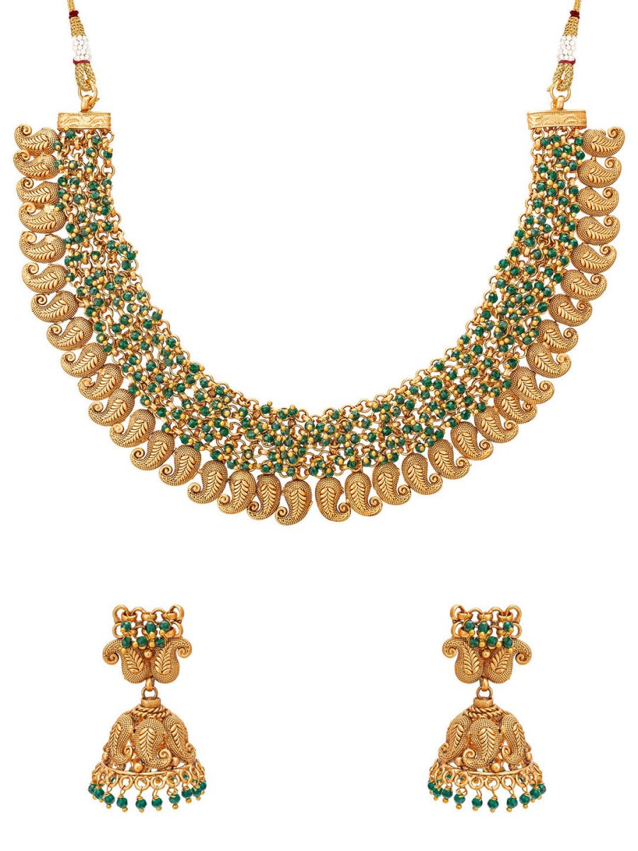 Aadita Gold-Plated Green Pearls Beaded Choker Jewellery Set - Grab2buy