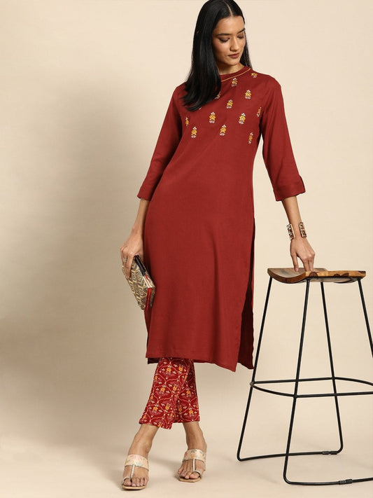 All About You Women Red Floral Embroidered Regular Thread Work Kurta with Trousers