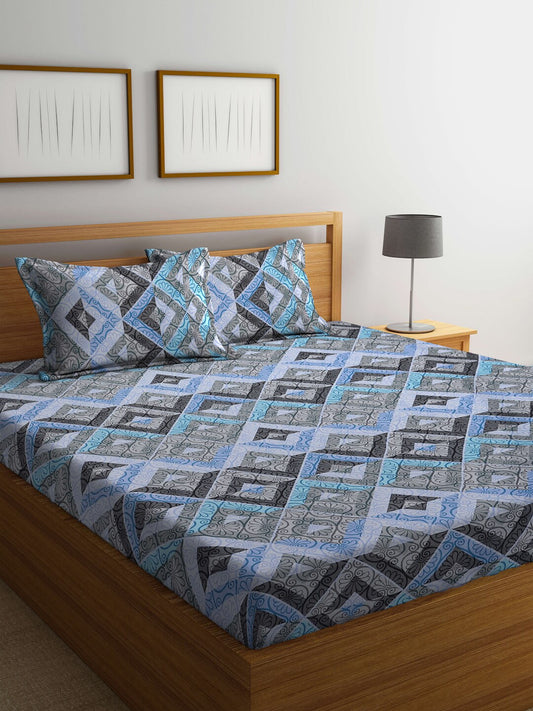 BOMBAY DYEING Epigram Blue & Grey Ethnic Cotton 120 TC Queen Bedsheet With 2 Pillow Covers | Grab2Buy