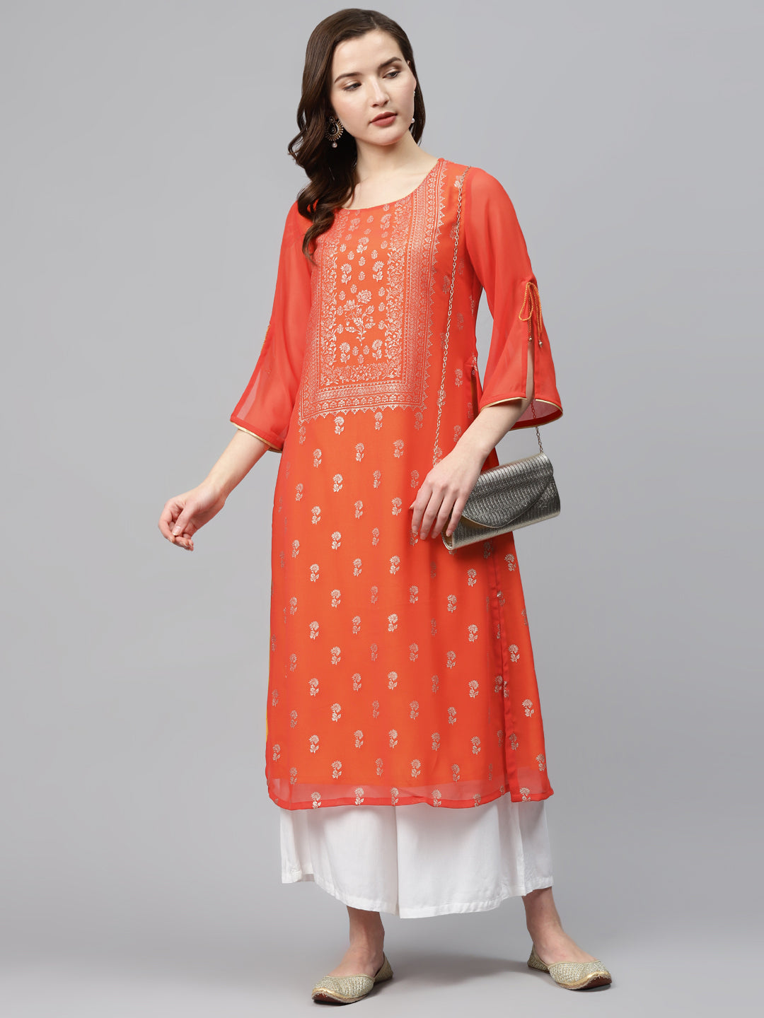 Biba Women Rust Orange & Golden Printed Layered Straight Kurta - Grab2buy