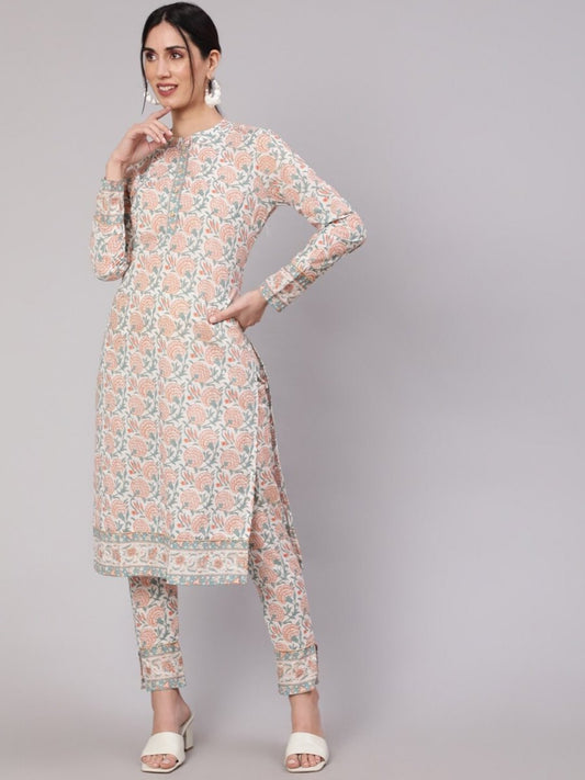 Aks Floral Printed Pure Cotton Kurta With Trousers