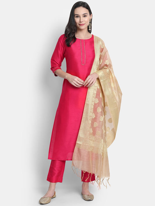 Janasya Women Pink Kurta with Trousers & With Dupatta