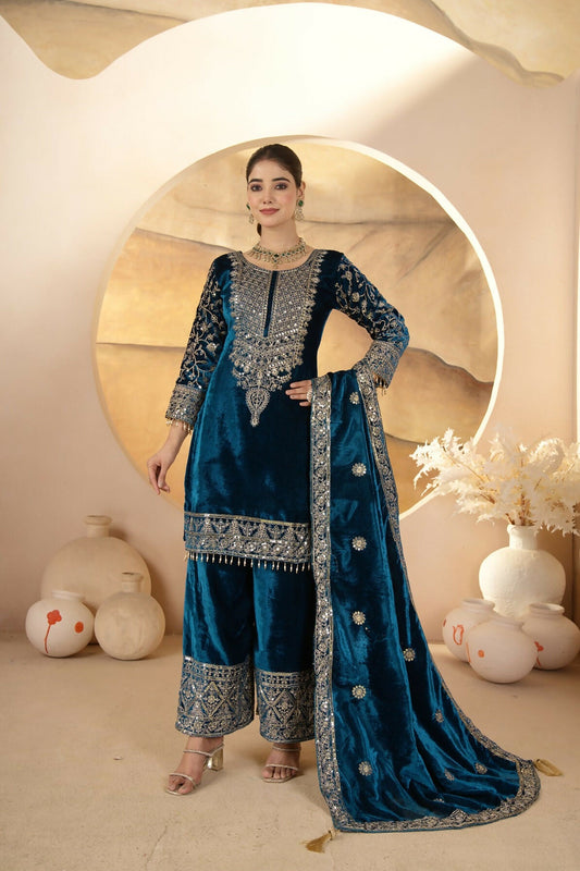 Joban Fashion Blue Velvet Sequence Embroidery Work Kurta Set