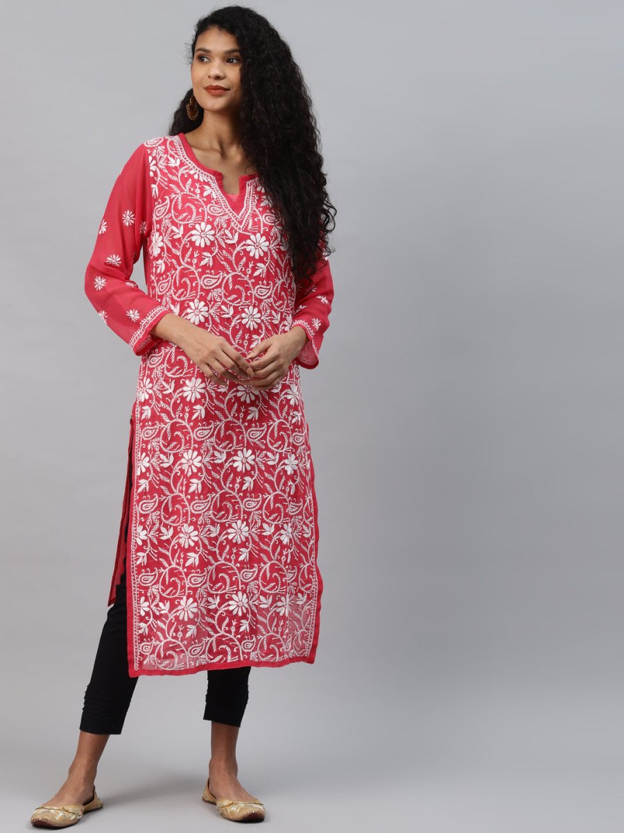 ADA Women Carrot Pink & White Floral Hand Embroidered Chikankari Handloom Kurta & Matching slip - Grab2buy