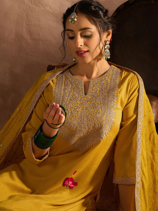 Indo Era Yellow Paisley Embroidered Regular Straight Kurta With Trousers & Dupatta