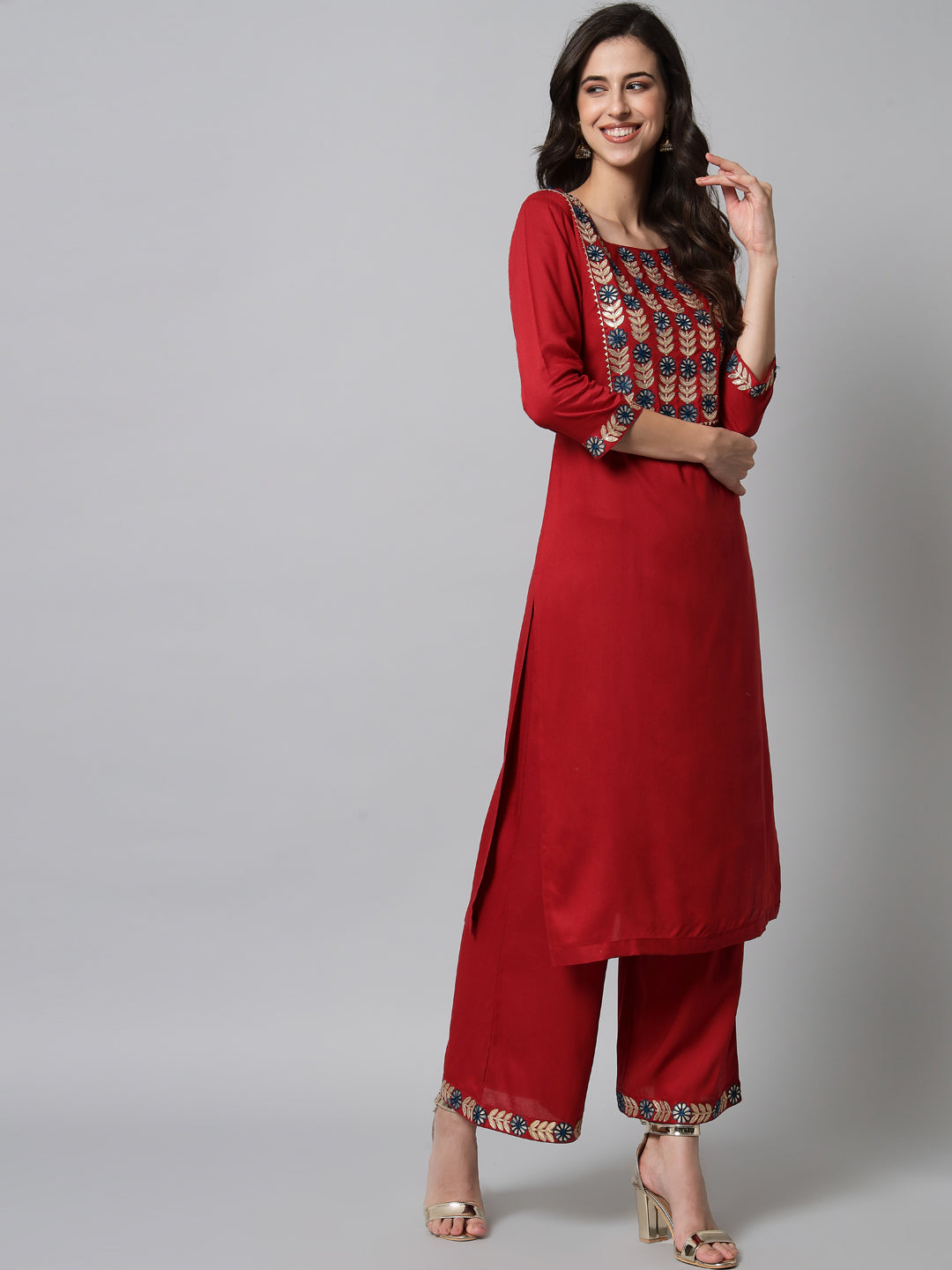 NOZ2TOZ Embroidered Red Kurta Palazzo Set - Grab2buy
