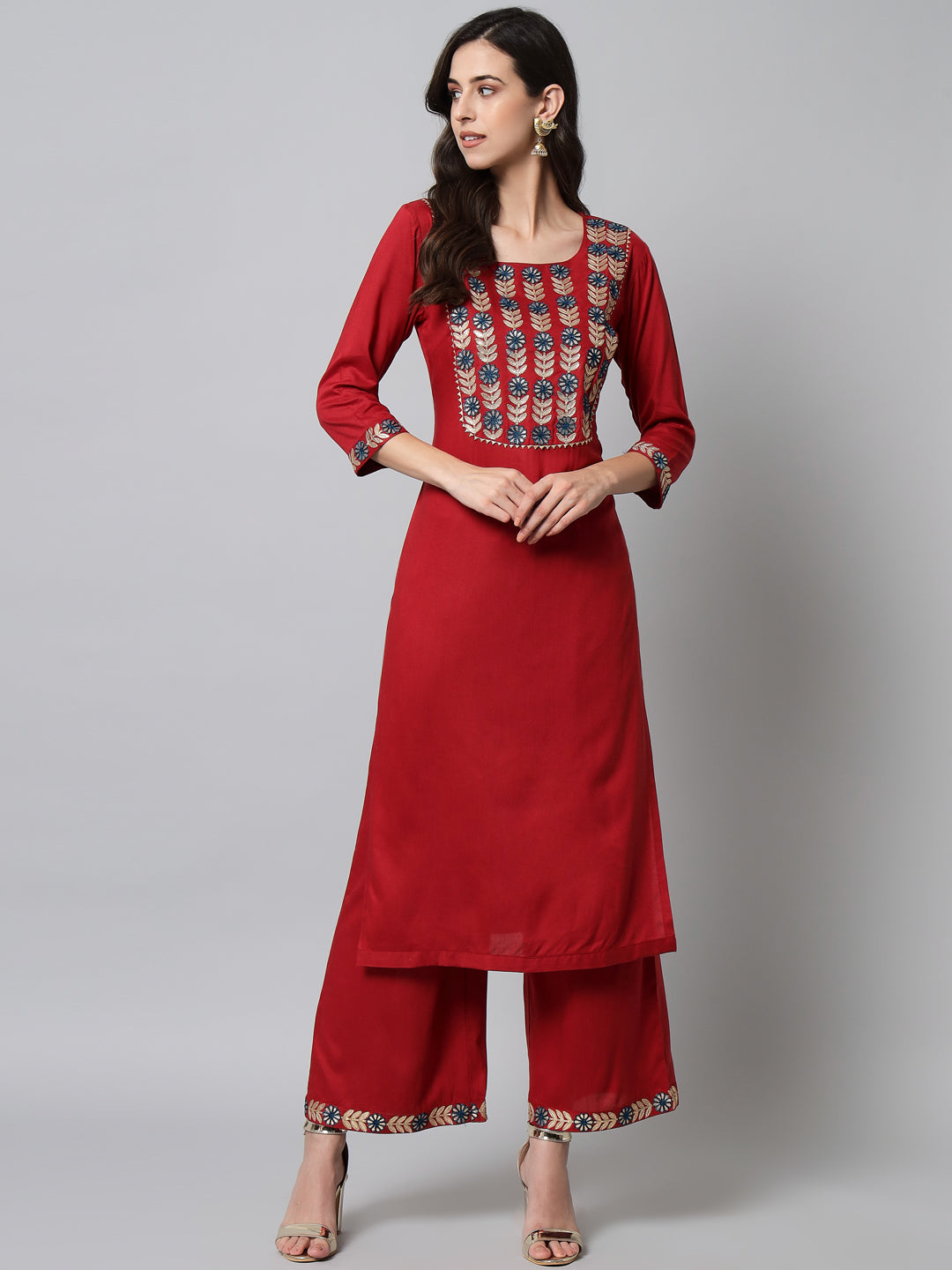 NOZ2TOZ Embroidered Red Kurta Palazzo Set - Grab2buy