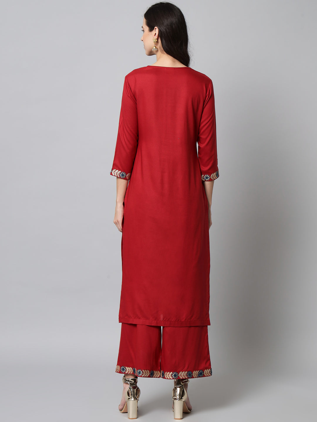 NOZ2TOZ Embroidered Red Kurta Palazzo Set - Grab2buy