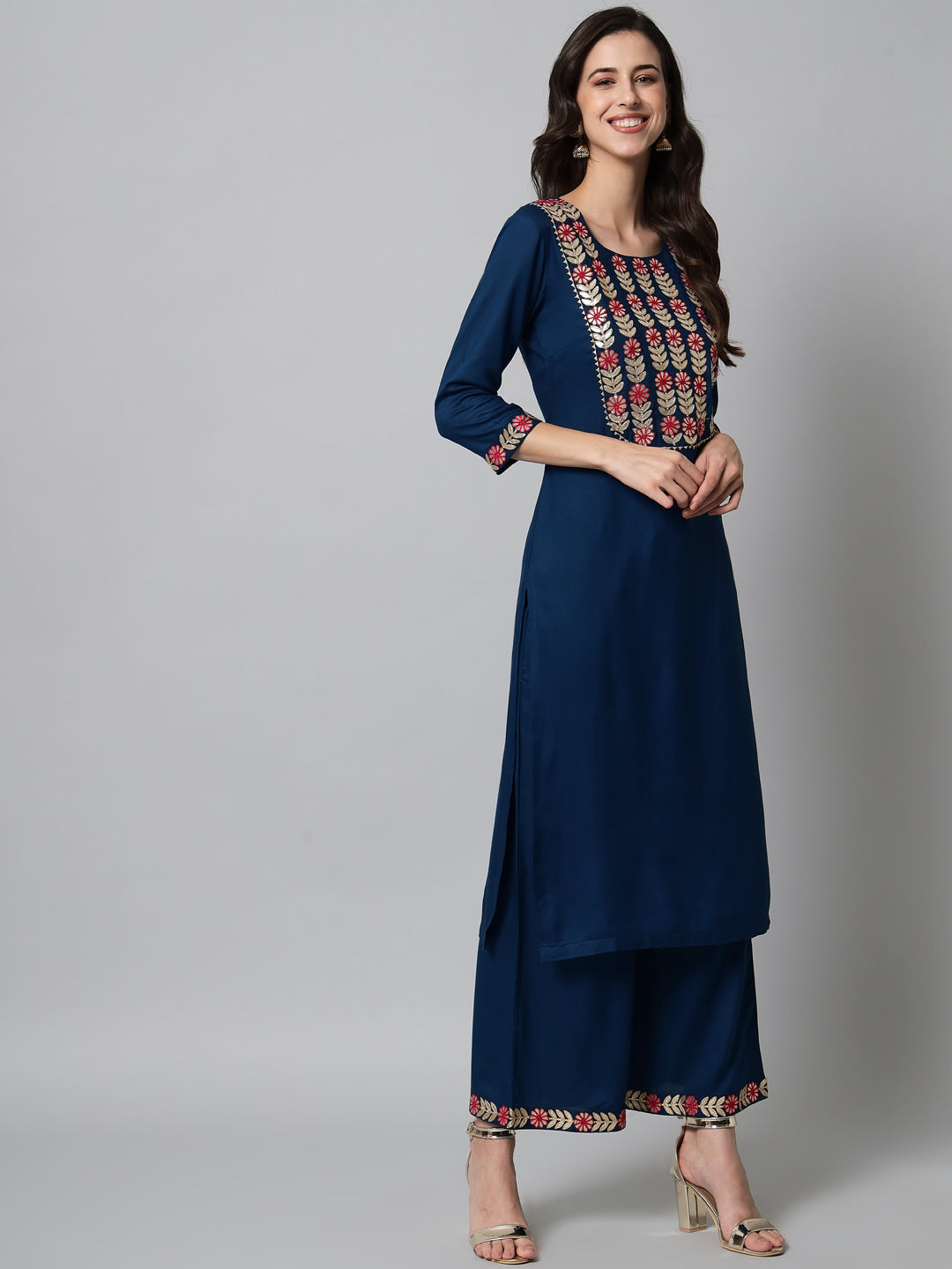 NOZ2TOZ Embroidered Teal Kurta Palazzo Set - Grab2buy