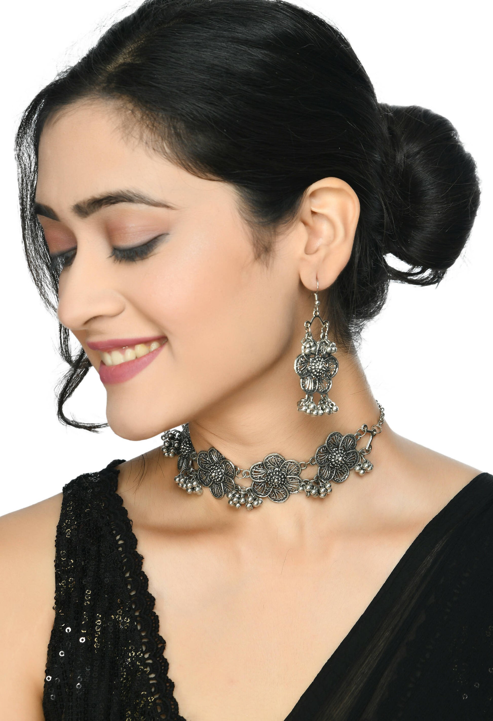 Mominos Fashion Johar Kamal Silver-Plated Brass Finish Floral Desgin Choker For Women - Grab2buy