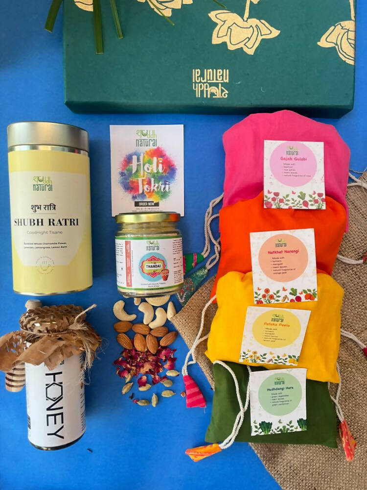 Shuddh Natural Ubtan based Herbal Gulal | Ayurvedic Thandai Powder |Floral Tisane |Natural Honey | Holi Gift Hamper - Grab2buy
