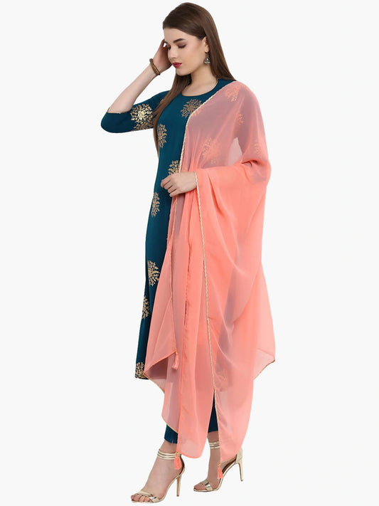 Janasya Women Flower Golden Foil Kurta Set with Dipped Hemline