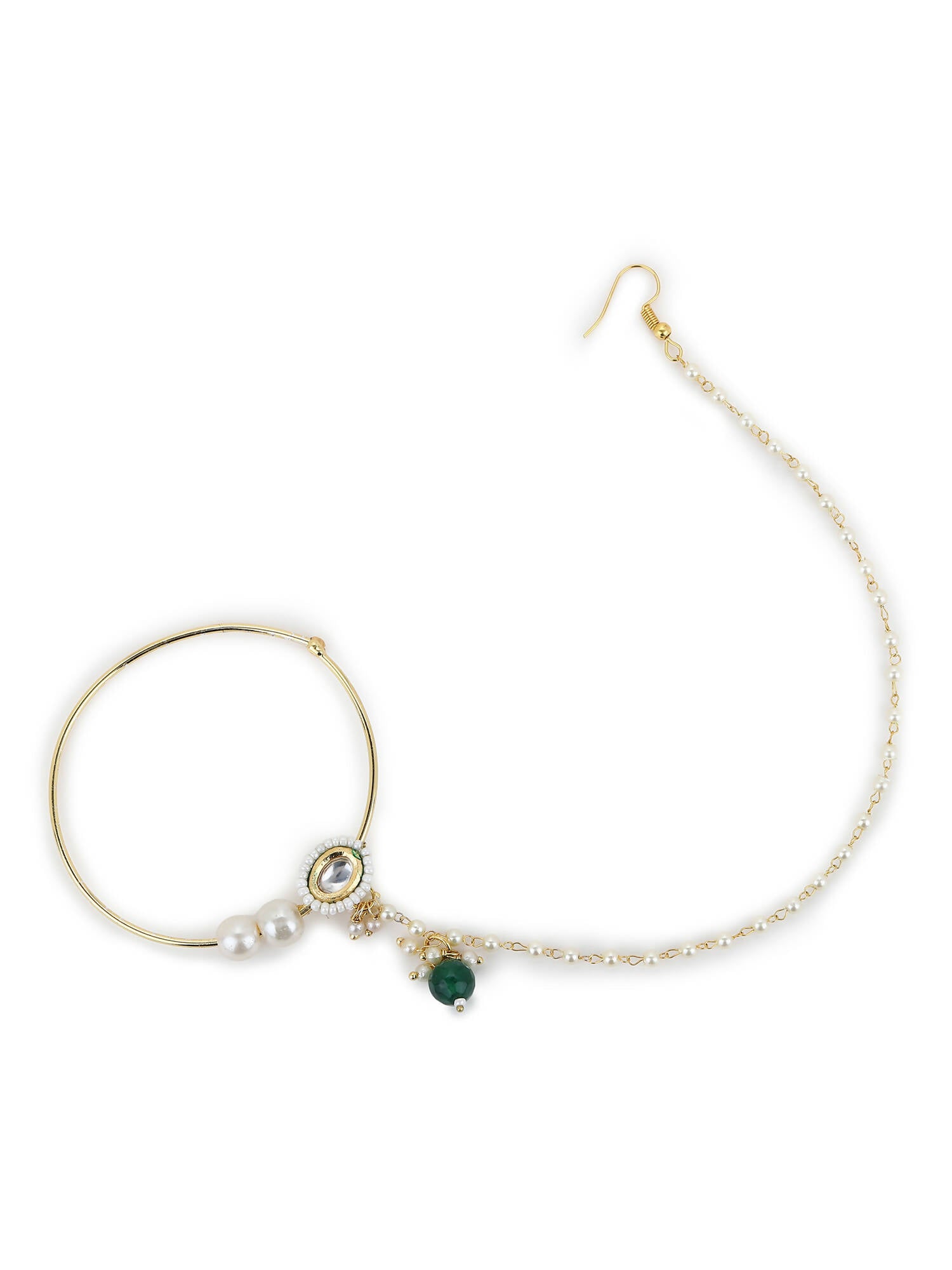 Gold-Plated White Green Kundan-Studded Pearl Beaded Nosepin - Ruby Raang - Grab2buy