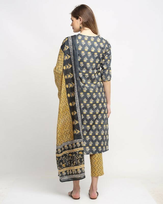Aastha Fashion Women's Dark Grey Cotton Embroidered Kurta with Trouser & Dupatta - Grab2buy