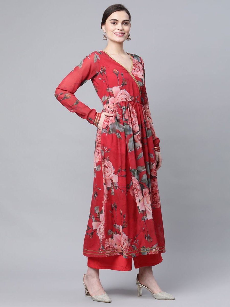 Ahalyaa Women Red Georgette Digital Floral Printed Kurta Palazzo Set - Grab2buy