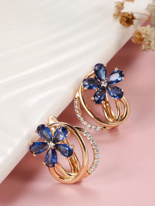 Shining Diva Rose Gold-Plated Blue Floral Studs Earrings - Grab2buy