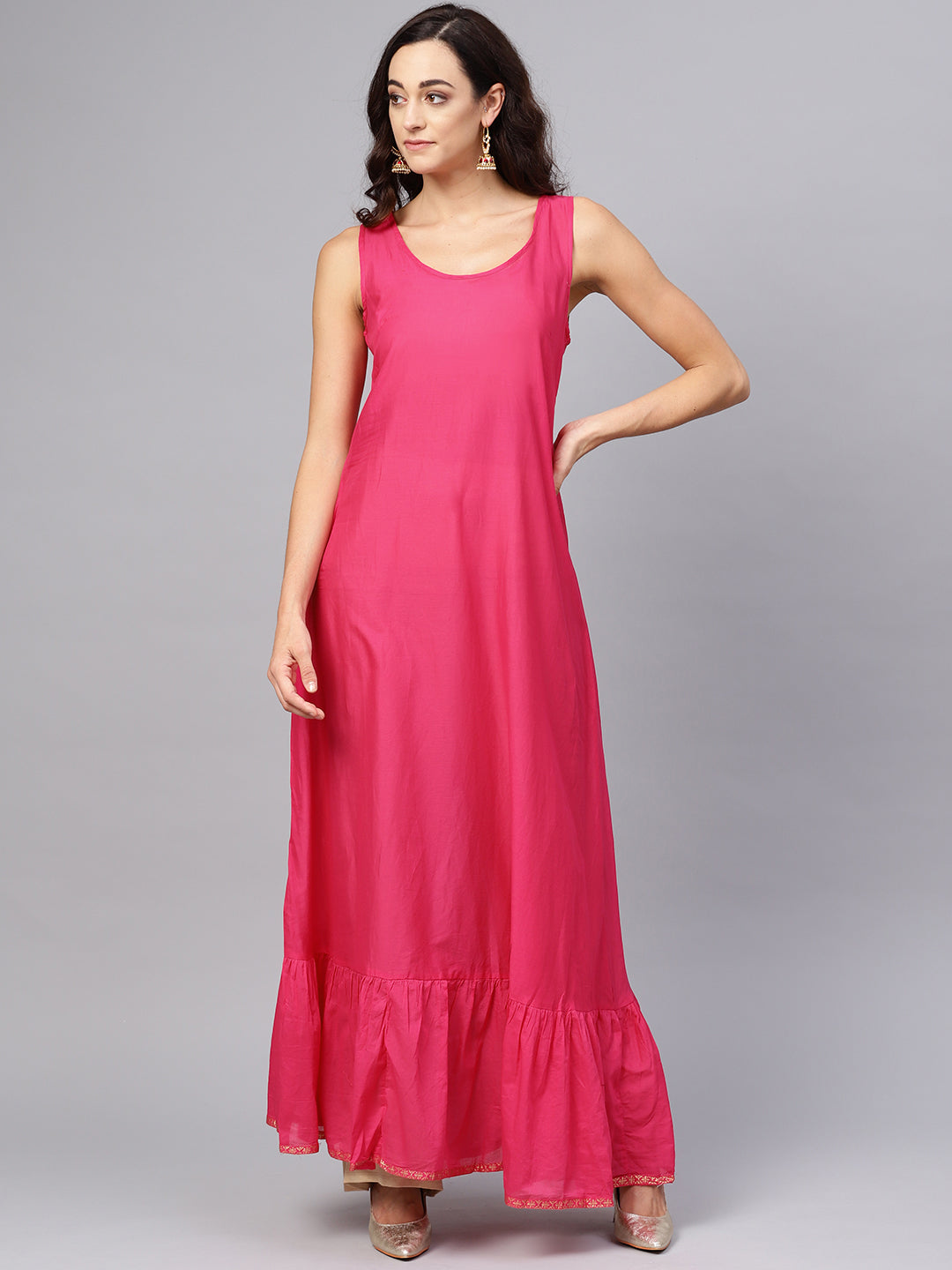 Biba Women Pink & Golden Printed Layered A-Line Kurta - Grab2buy