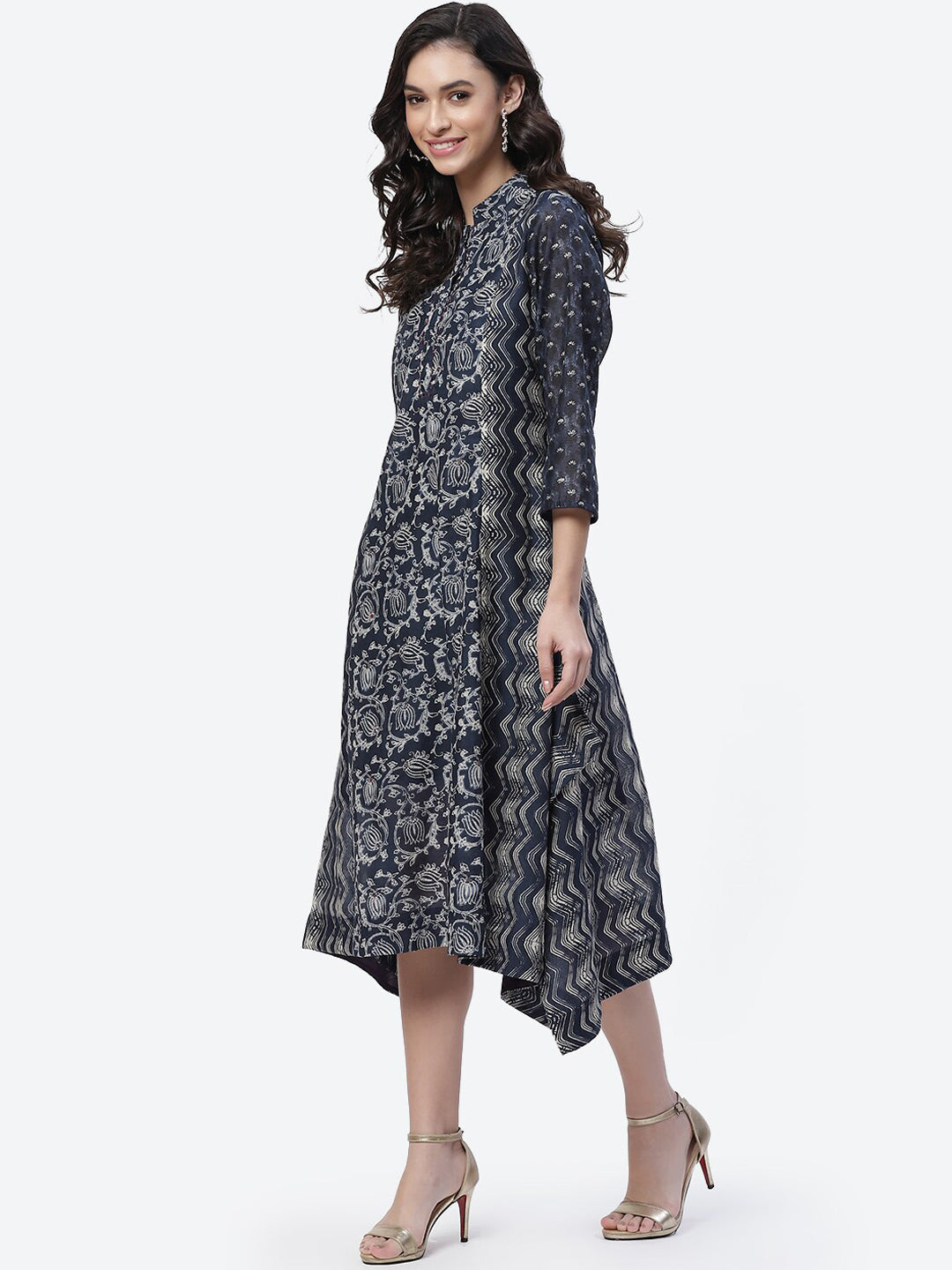 Biba Women Navy Blue Ethnic Motifs Printed Asymmetric Kurta - Grab2buy