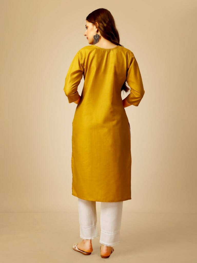 Aastha Fashion Women's Yellow Cotton Blend Embroidered Kurta Pant Set - Grab2buy