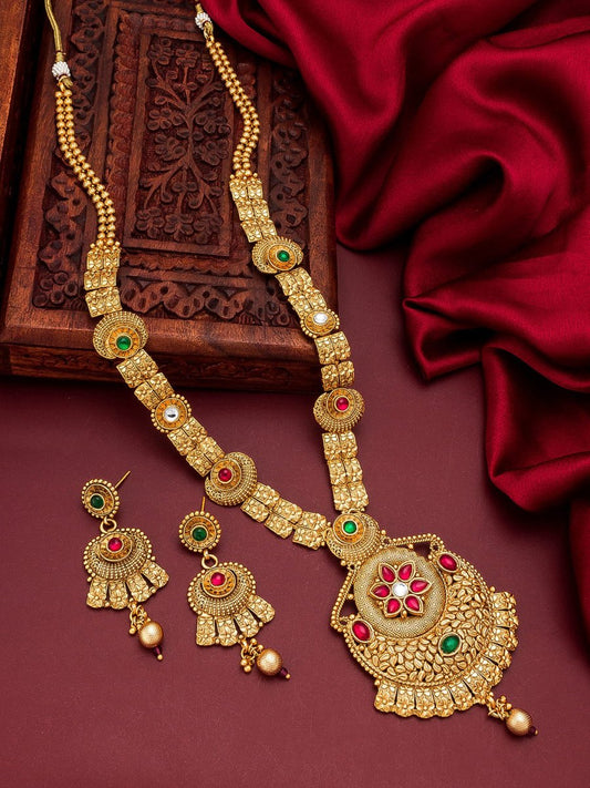 Aadita Gold-Polished & Red e Studded Jewellery Set Grab2Buy Aadita Grab2Buy