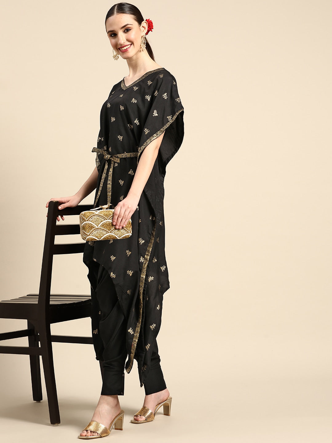 Sangria Women Black & Golden Ethnic Motifs Printed Kurta with Harem Pants - Grab2buy