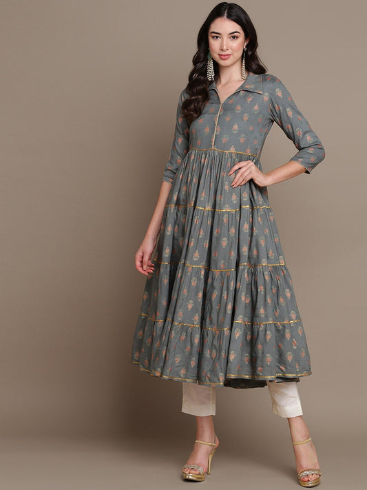 HERE&NOW Ethnic Motifs Printed Shirt Collar Tiered Pure Cotton A-Line Kurta