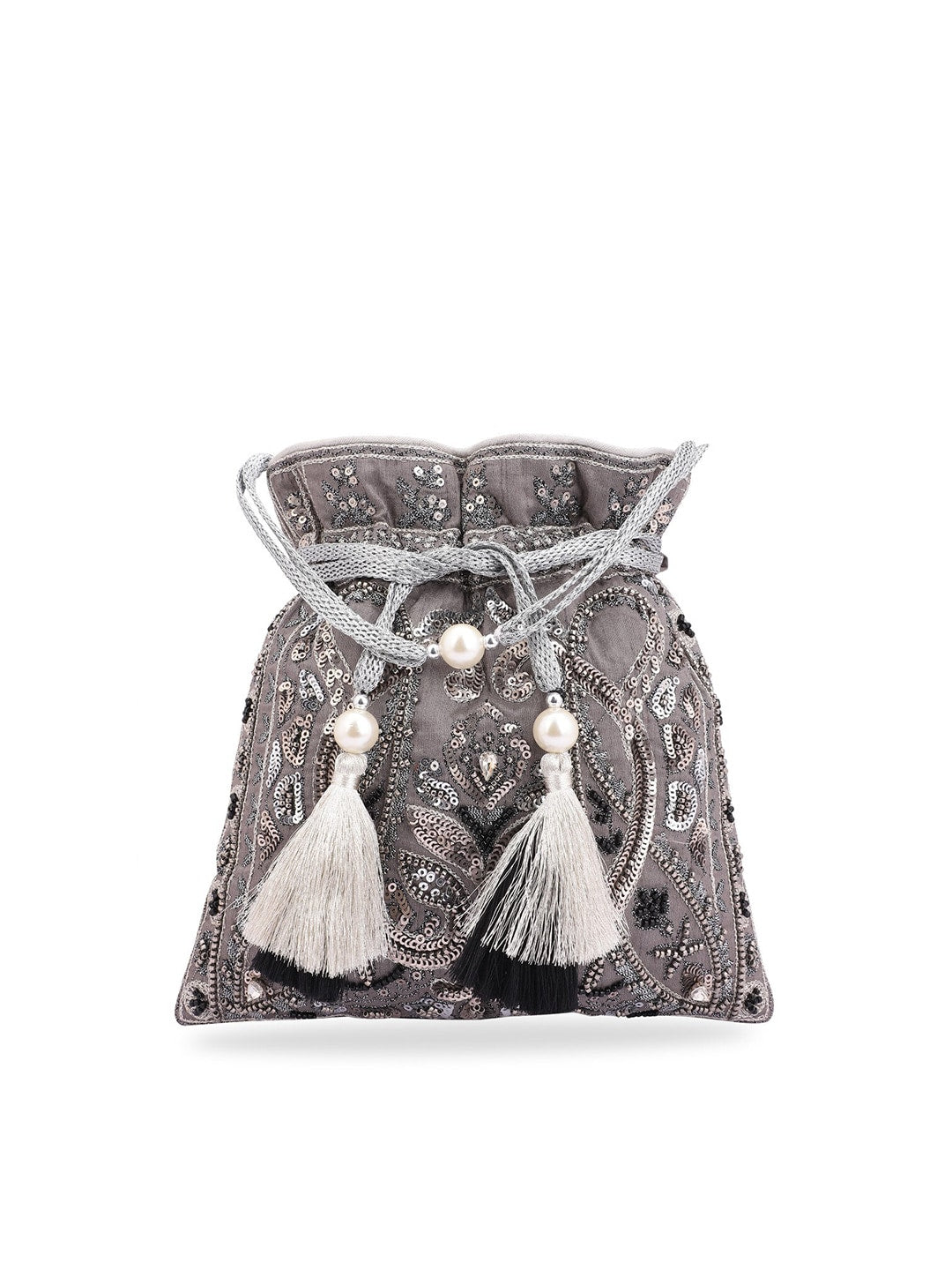 Masq Grey & White Embellished Potli Clutch - Grab2buy