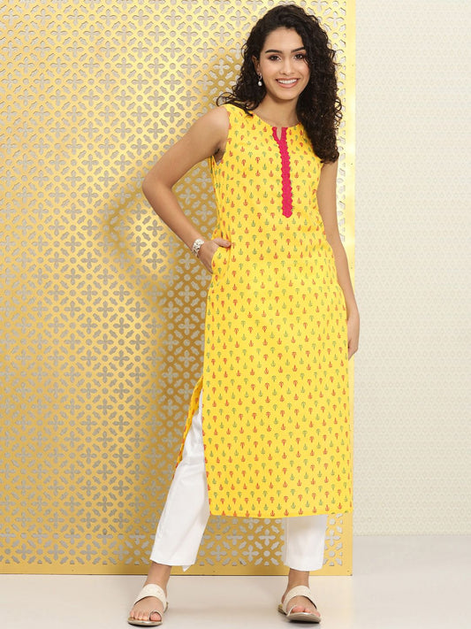 Ode by House of Pataudi Women Yellow Ethnic Motifs Printed Rozana Straight Kurta | Grab2Buy