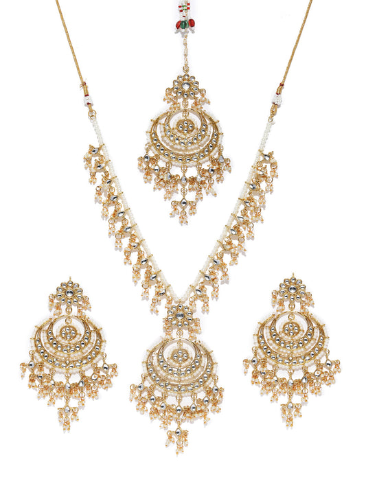 Zaveri Pearls Gold-Toned Kundan & Pearls Studded Rani Haar Jewellery Set - Grab2buy