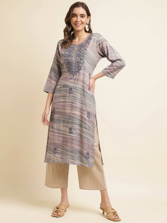 Grey Poly Rayon Stripe Printed Straight Fit Kurta - Prasuti