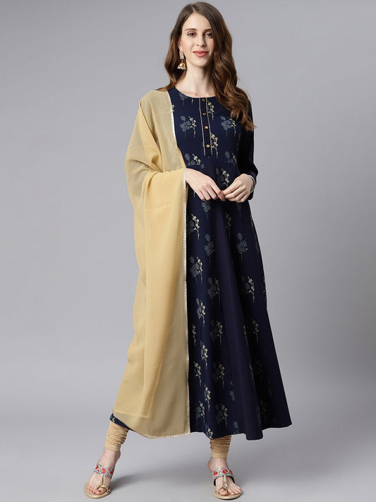 Janasya Women Navy Blue Floral Printed Crepe Anarkali Kurta with Dupatta