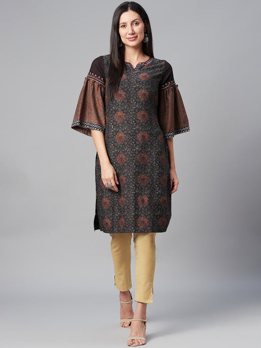 Biba Women Charcoal Grey & Beige Bell Sleeves Printed Kurta | Grab2Buy