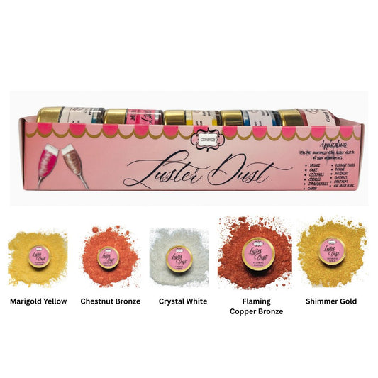 Confect Edible Luster Dust – Pack of 5 | Gold, White, Bronze, Yellow, Copper |