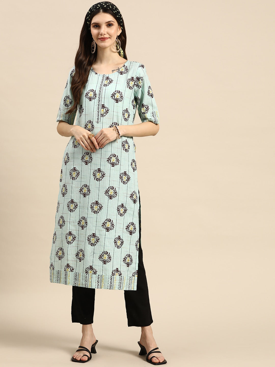 Sangria Women Blue & Brown Ethnic Motifs Printed Kurta - Grab2buy