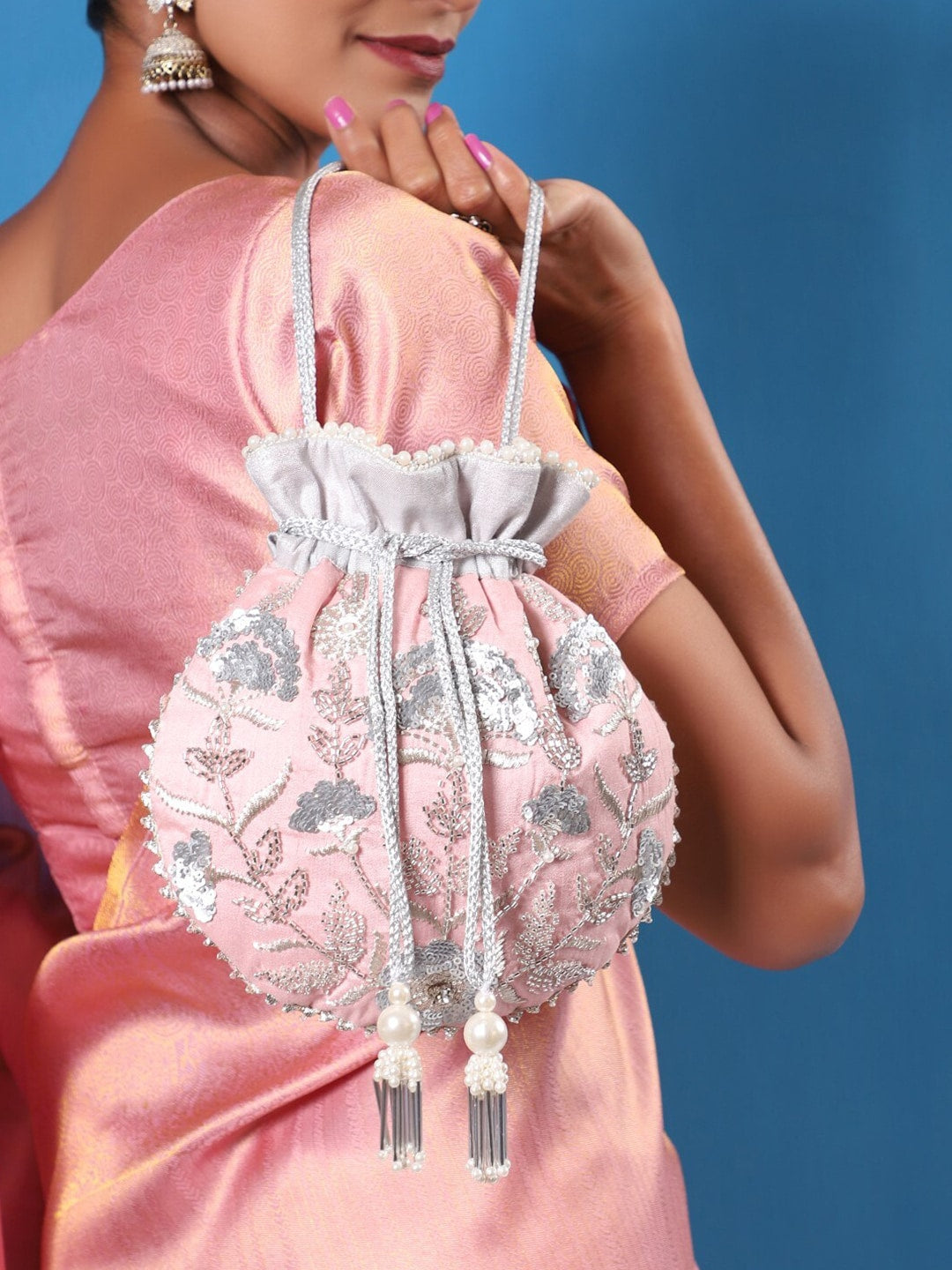 Masq Peach-Coloured & Grey Embroidered Potli Clutch - Grab2buy